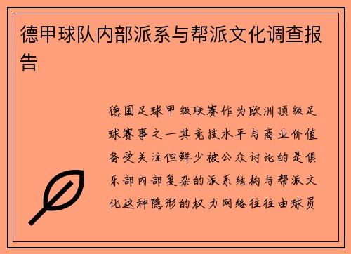 德甲球队内部派系与帮派文化调查报告